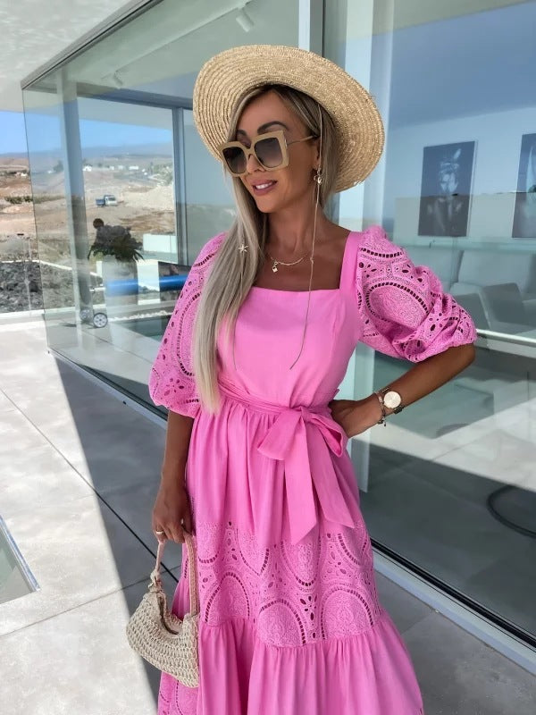 Women's Trendy Patchwork Tie Waist Square Neck Long Dress