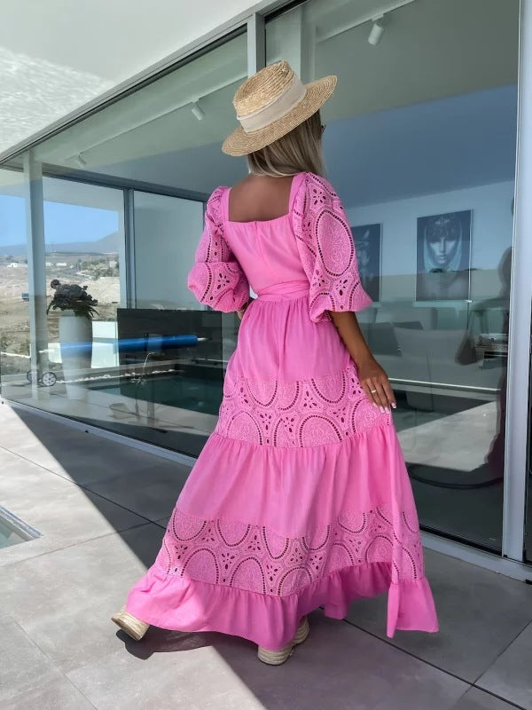 Women's Trendy Patchwork Tie Waist Square Neck Long Dress