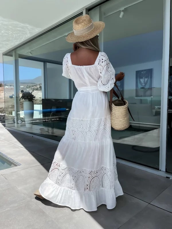 Women's Trendy Patchwork Tie Waist Square Neck Long Dress