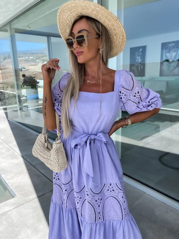 Women's Trendy Patchwork Tie Waist Square Neck Long Dress