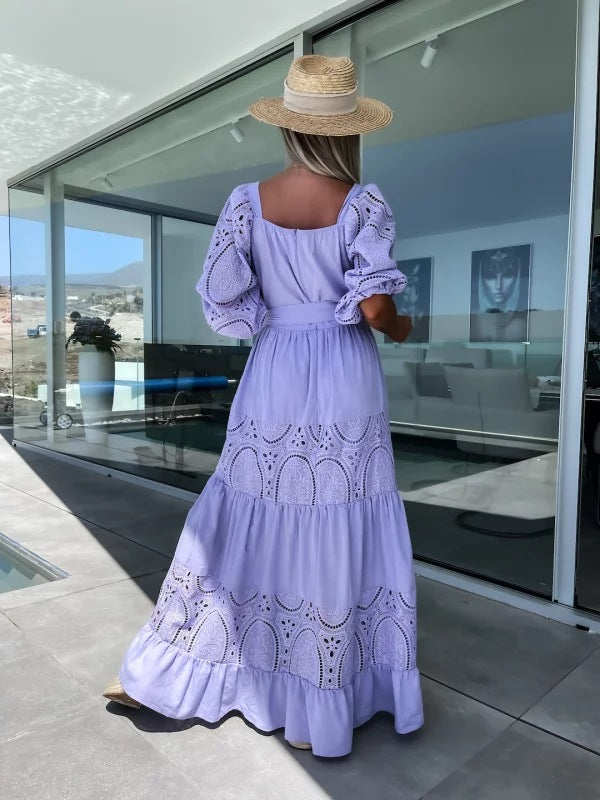 Women's Trendy Patchwork Tie Waist Square Neck Long Dress