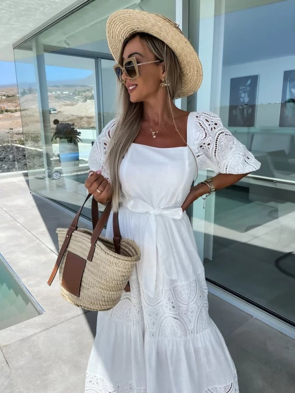 Women's Trendy Patchwork Tie Waist Square Neck Long Dress