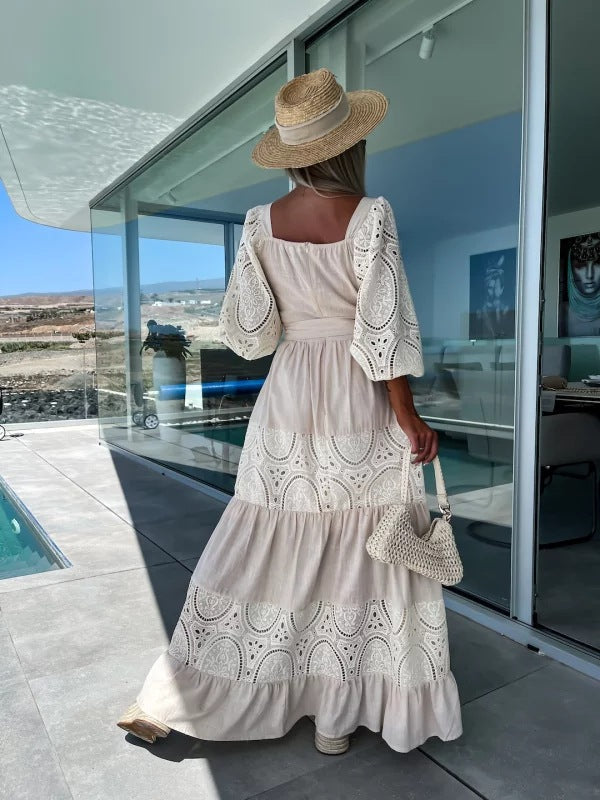 Women's Trendy Patchwork Tie Waist Square Neck Long Dress