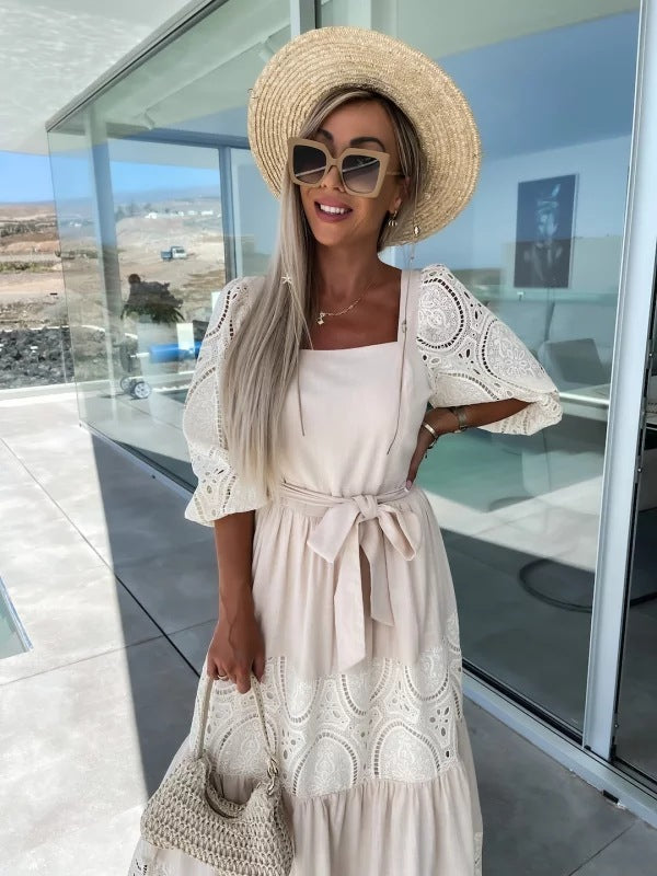 Women's Trendy Patchwork Tie Waist Square Neck Long Dress