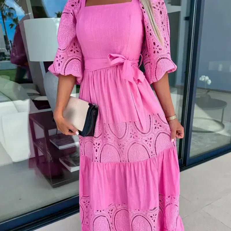 Women's Trendy Patchwork Tie Waist Square Neck Long Dress