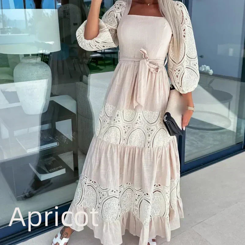 Women's Trendy Patchwork Tie Waist Square Neck Long Dress