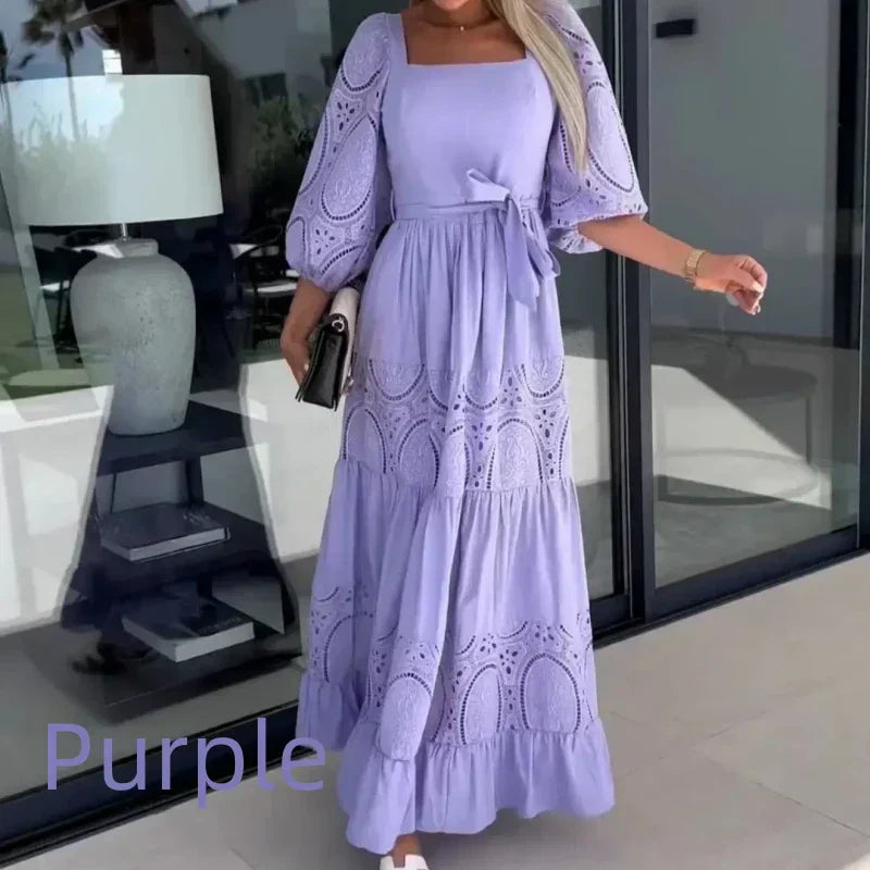 Women's Trendy Patchwork Tie Waist Square Neck Long Dress