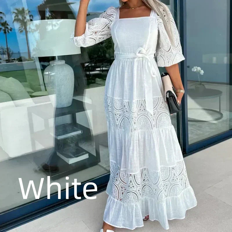 Women's Trendy Patchwork Tie Waist Square Neck Long Dress