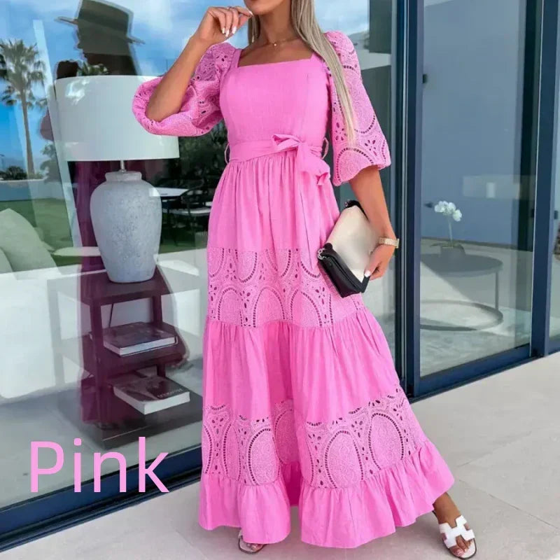 Women's Trendy Patchwork Tie Waist Square Neck Long Dress