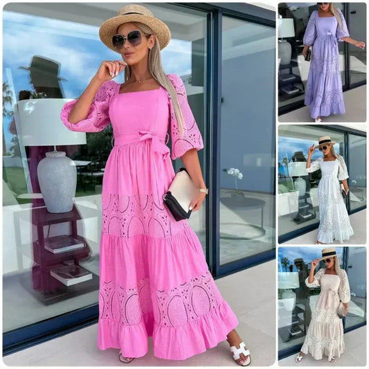 Women's Trendy Patchwork Tie Waist Square Neck Long Dress